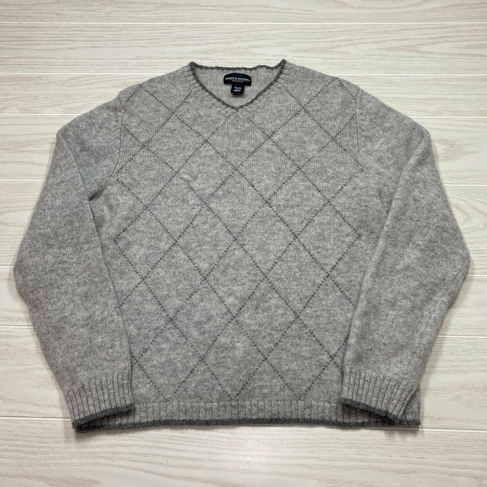 Bowen & Wright Men's 100% Shetland Wool Pullover Diamond Sweater Gray Size Large